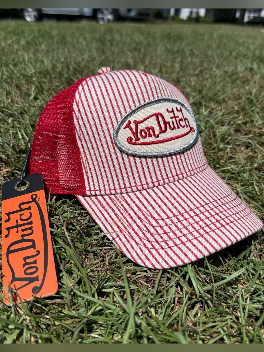 Von Dutch unisex Red & White Striped Mesh Trucker Hat